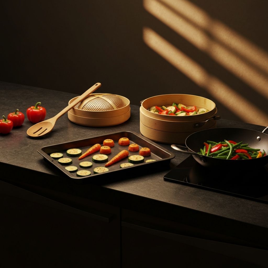 Vaporera de bambu con verduras frescas sobre una superficie oscura con iluminacion dramatica